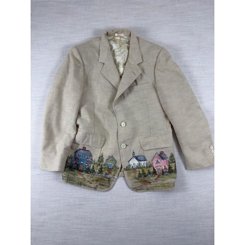 Vintage Hand Painted Folk Art Village Blazer Beige Linen Look Made in USA 0582